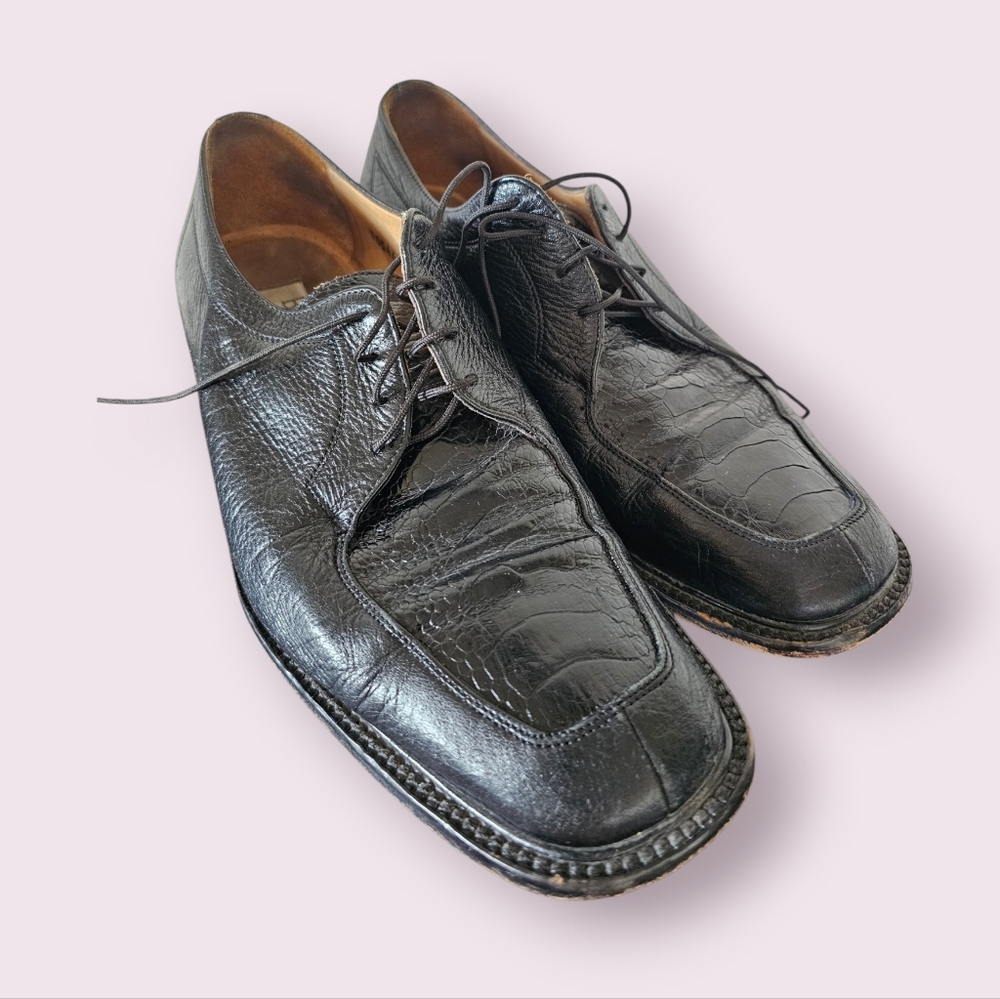 Belvedere Florence All Black‎ Exotic Leather Crocodile Oxford Shoes Sz 11.5M